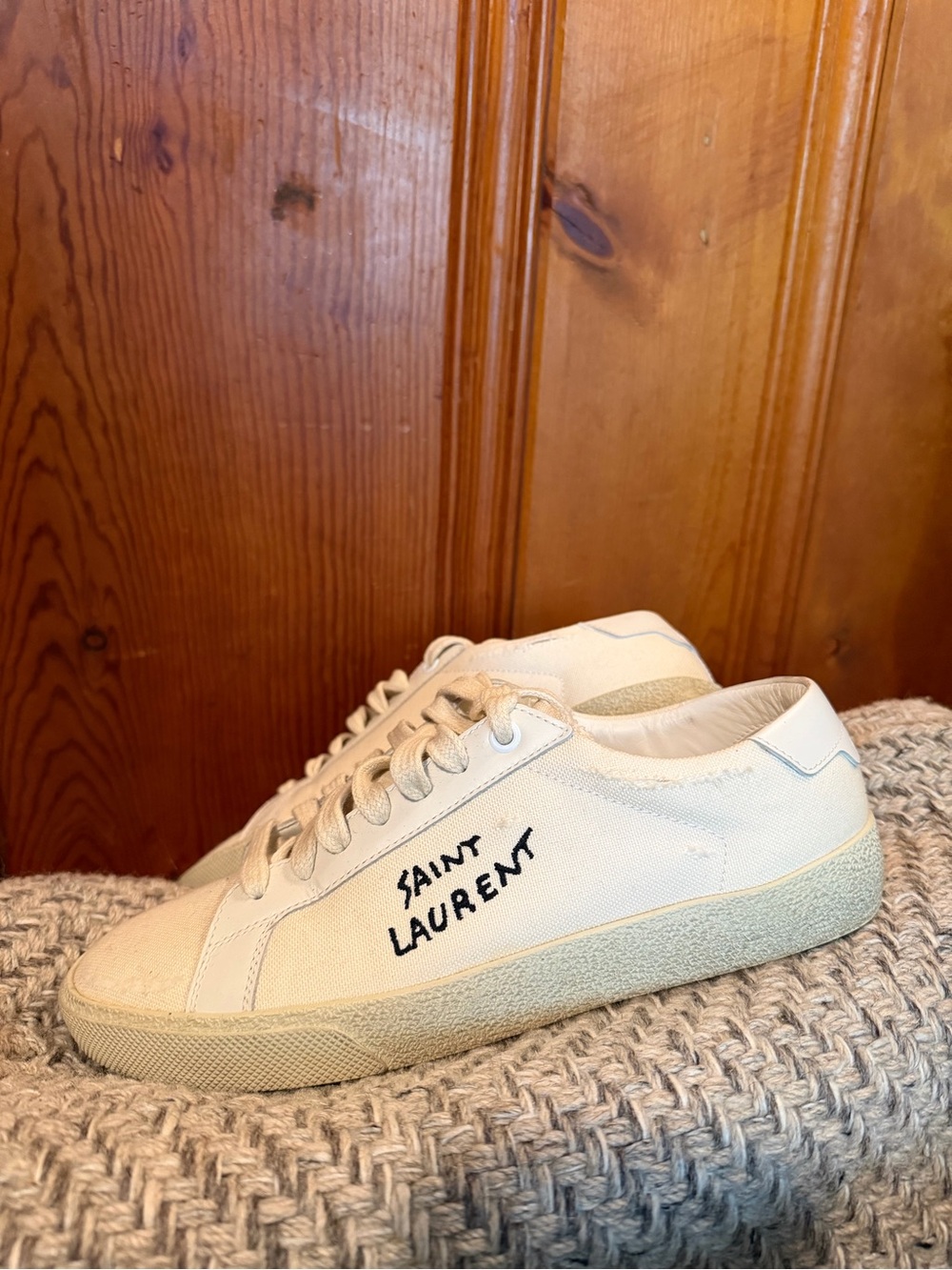 Saint Laurent Off-White Canvas Low-Top Sneakers with Black Script